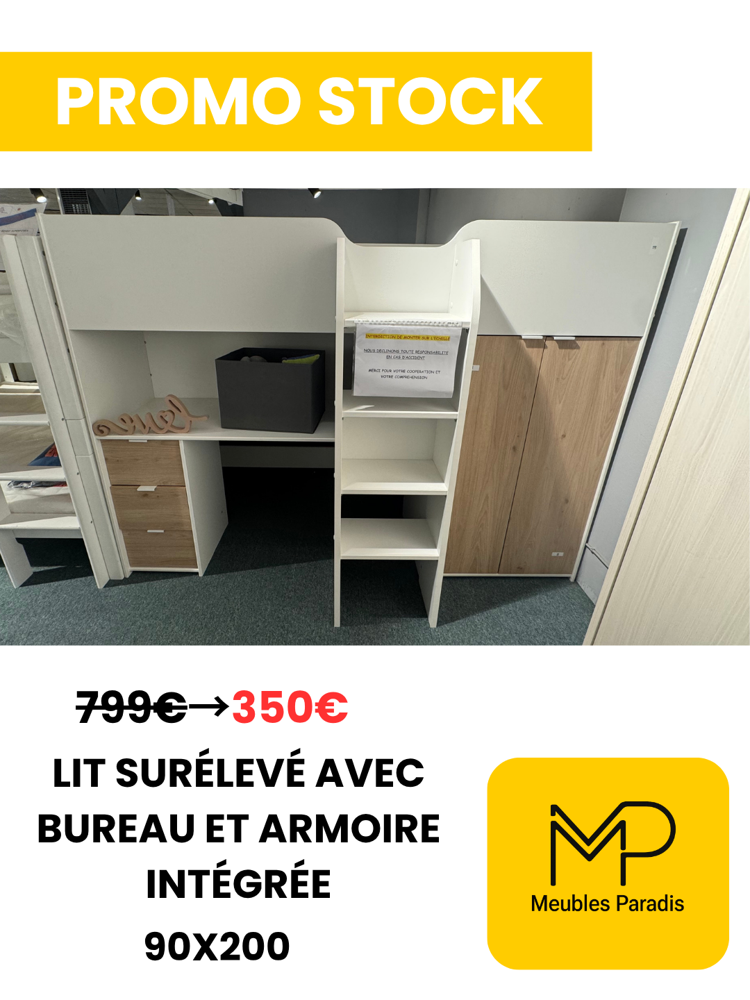 Lit surélevé avec bureau et armoire intégrée