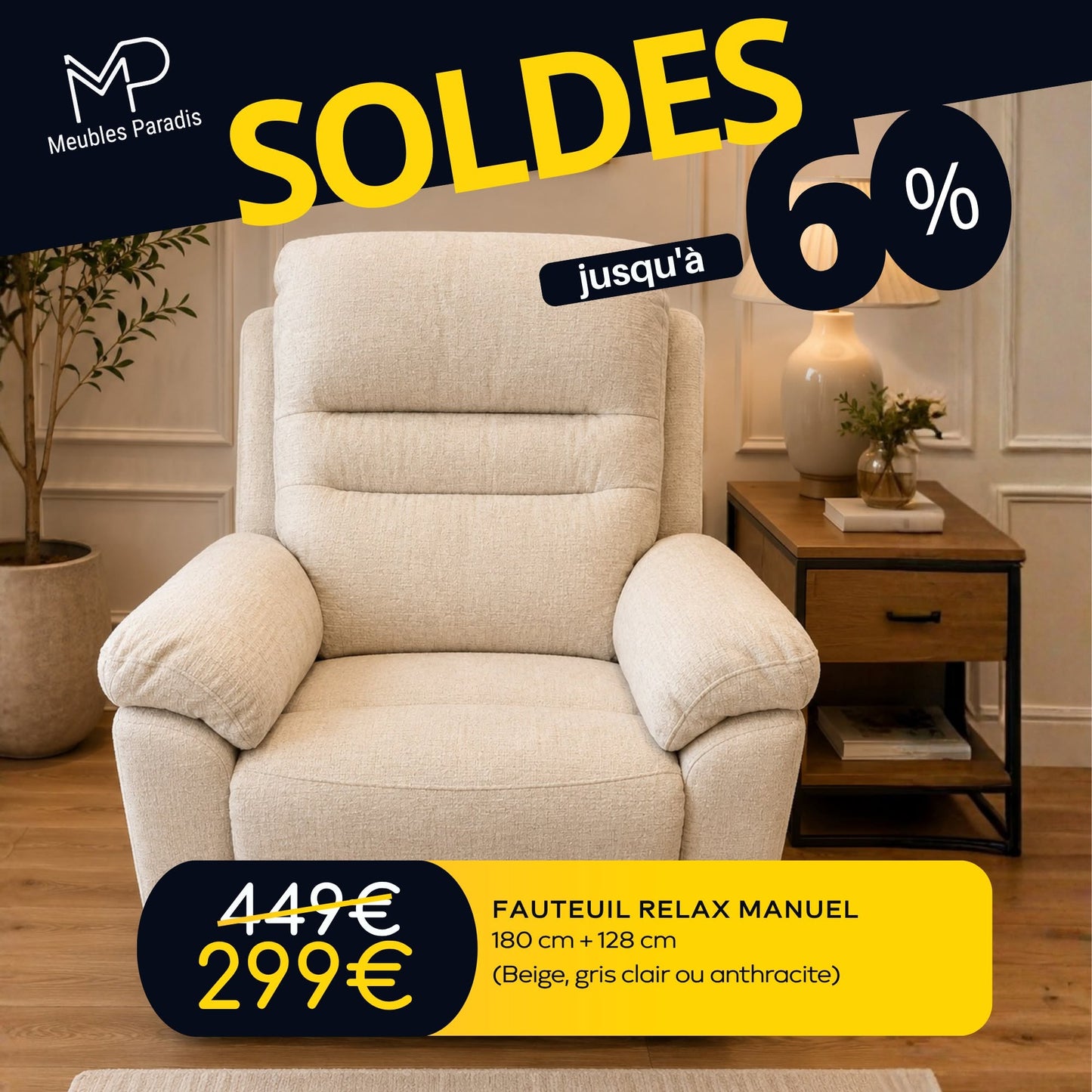 Fauteuil relax manuel (Beige, gris clair, anthracite)