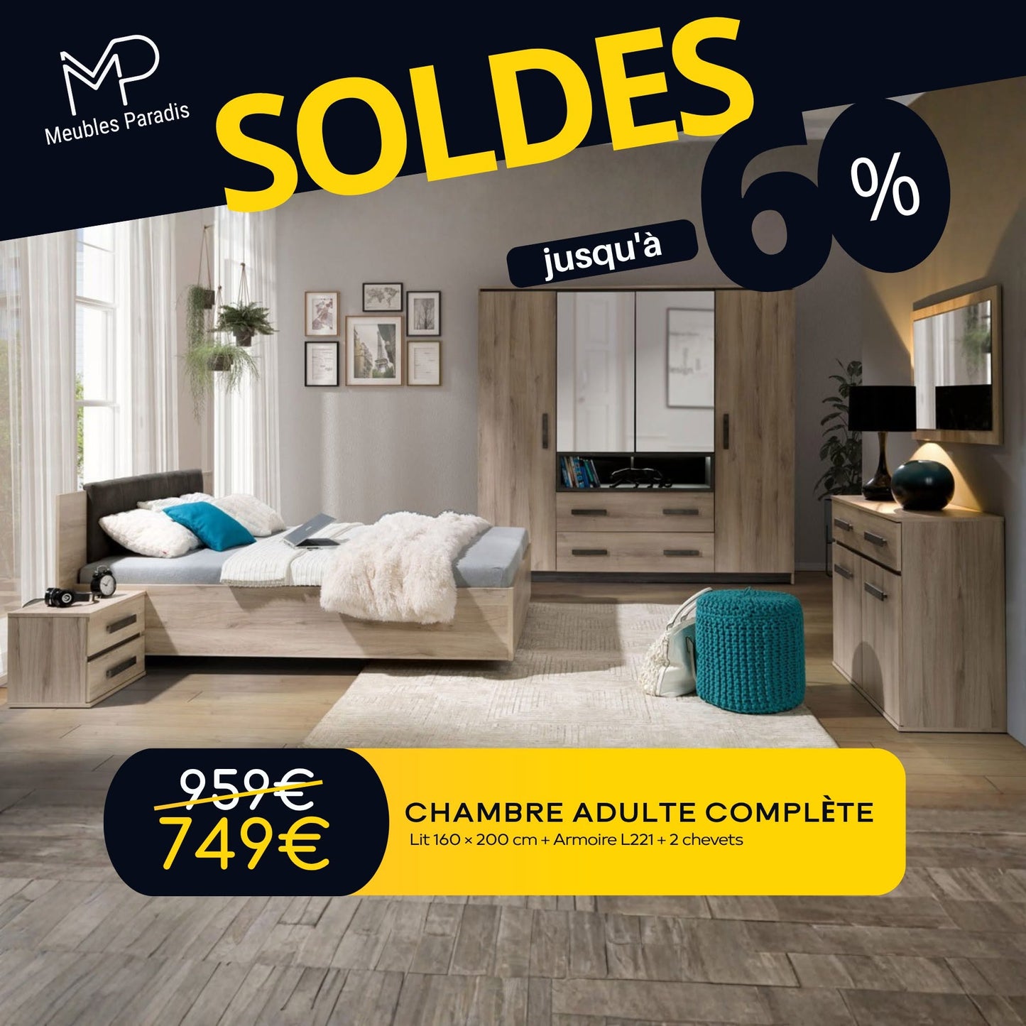 Chambre à coucher Lit 160x200 + Armoire L221 + 2 chevets