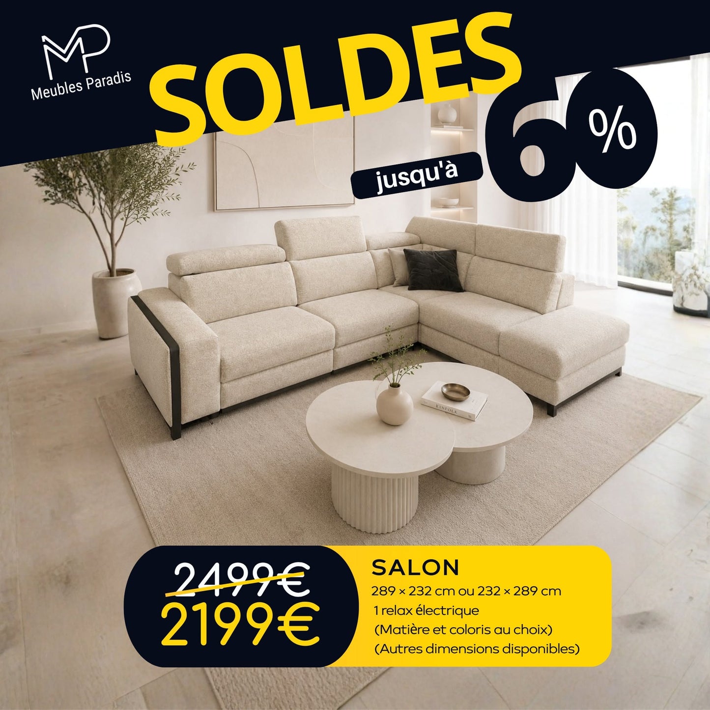 Salon angle avec relax électrique 289x232 ou 232x289