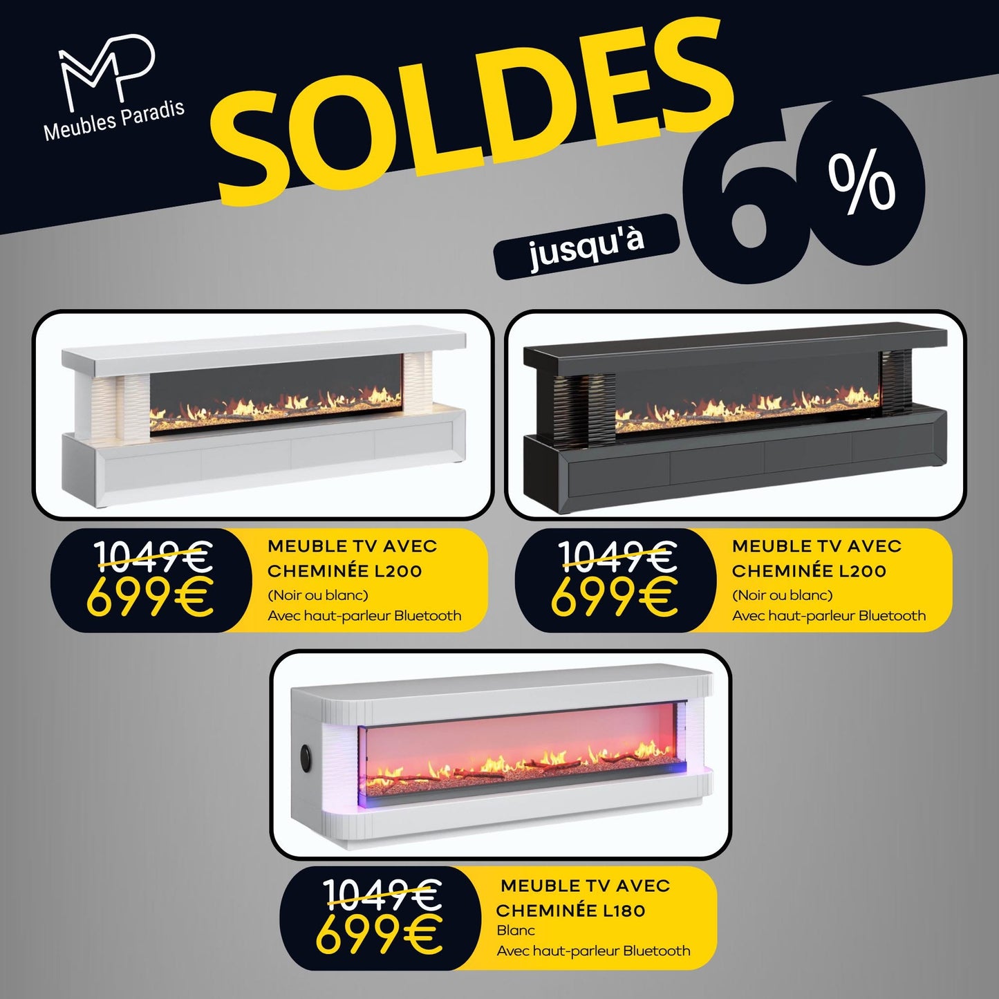 Meuble TV cheminée (Noir ou blanc)