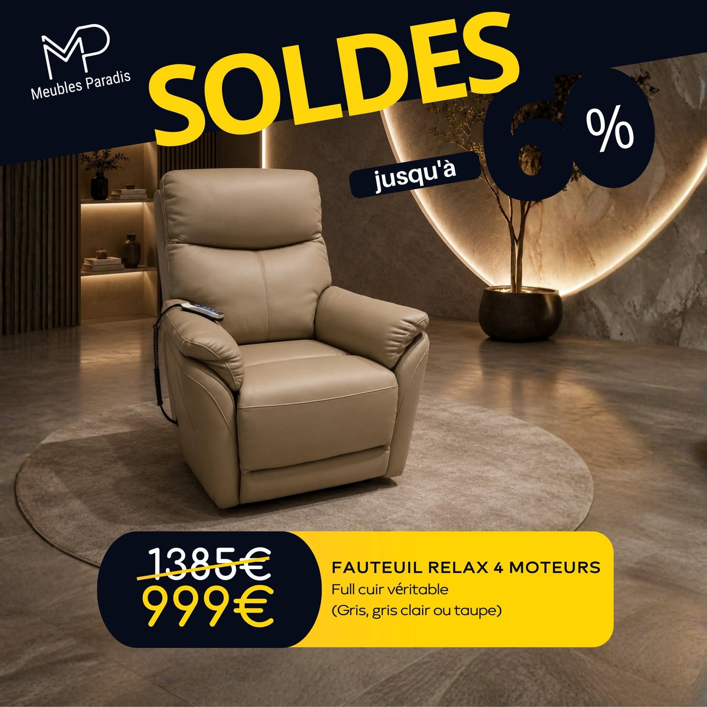 Fauteuil relax électrique 4 moteurs Full cuir véritable
