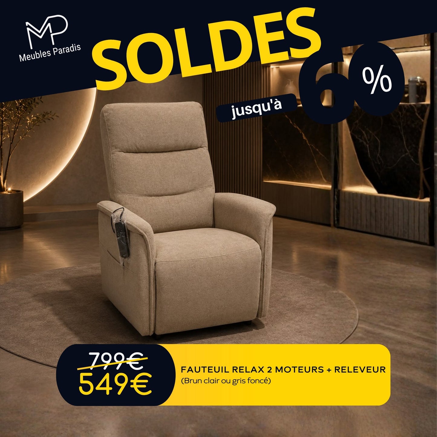 Fauteuil relax électrique 2 moteurs + releveur