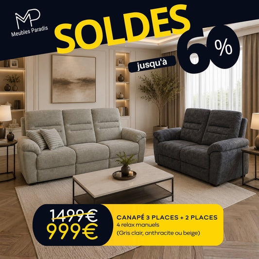 Canapé 3+2 avec 4 relax manuel (gris clair, anthracite, beige)