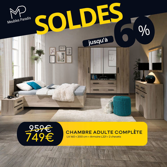 Chambre à coucher Lit 160x200 + Armoire L221 + 2 chevets