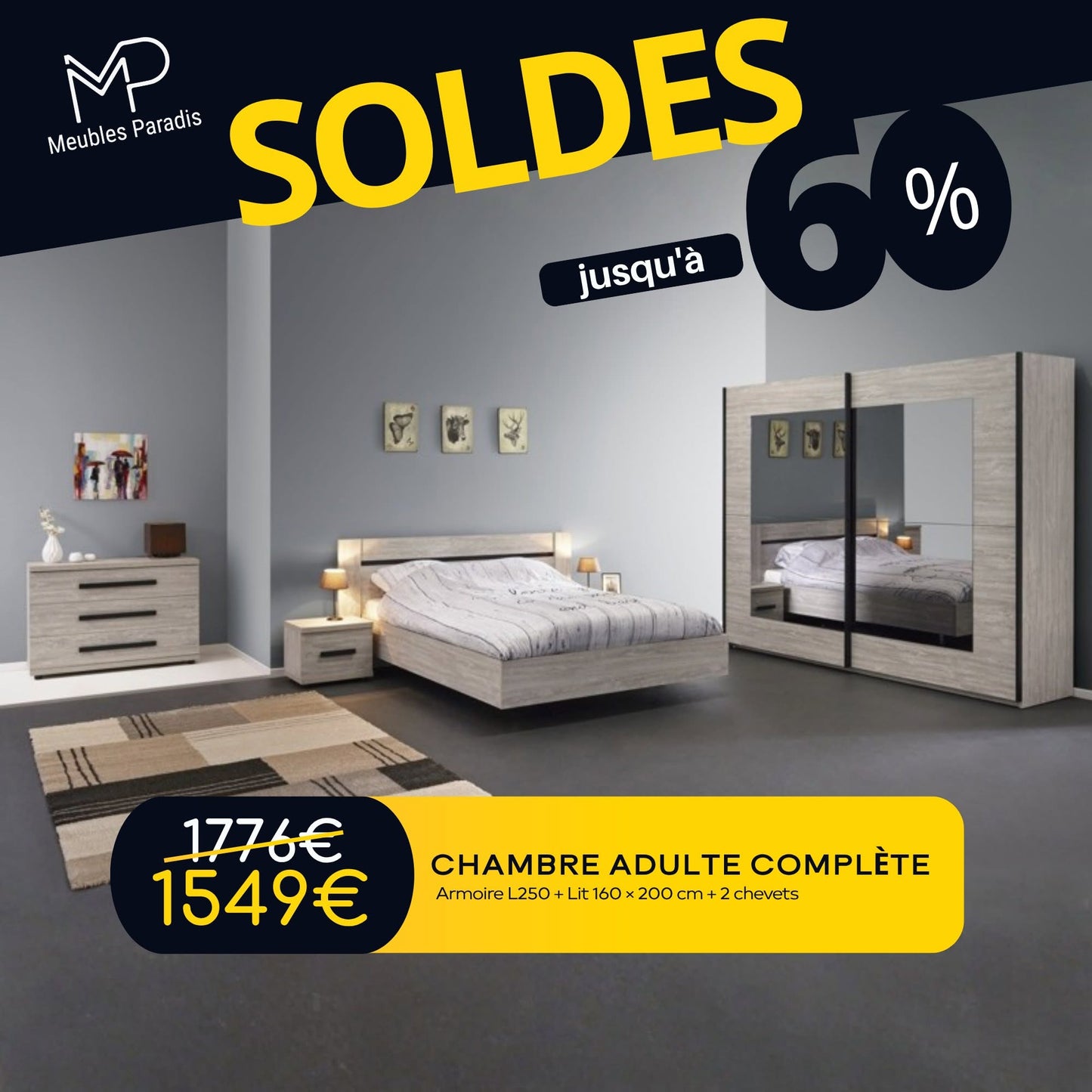 Chambre à coucher Armoire L250 + Lit 160x200 + 2 chevets