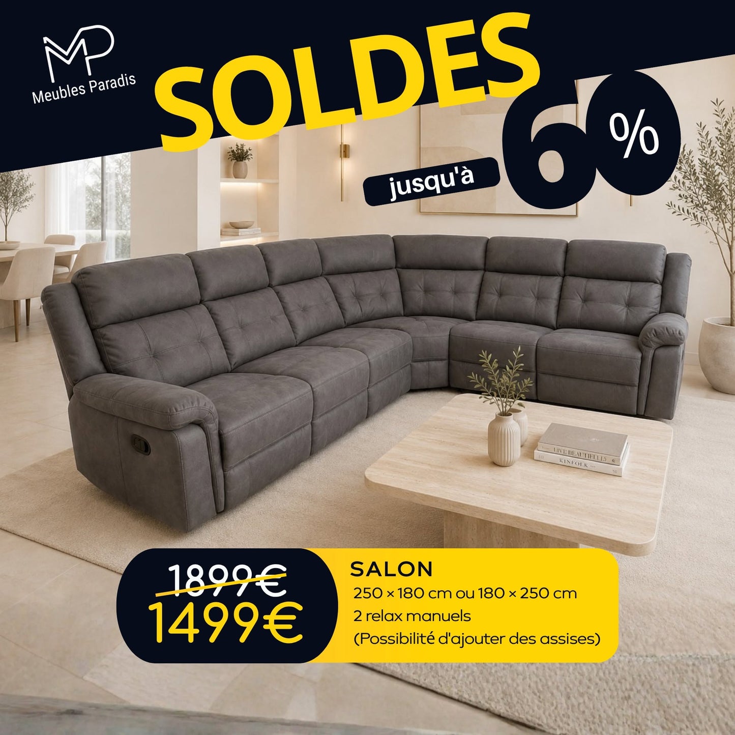 Salon angle avec 2 relax manuel 250x180 ou 180x250
