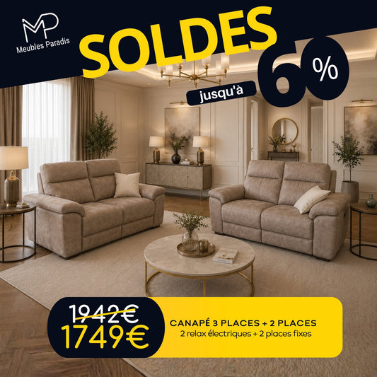 Canapé 3 places avec relax 2 électrique + 2 places fixe