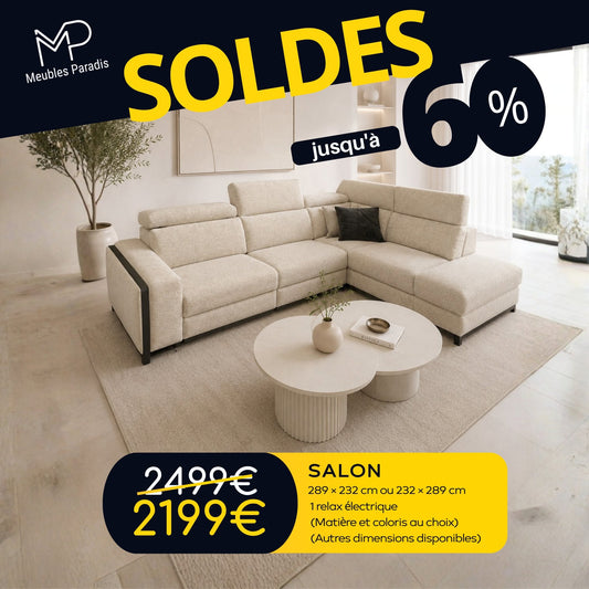 Salon angle avec relax électrique 289x232 ou 232x289