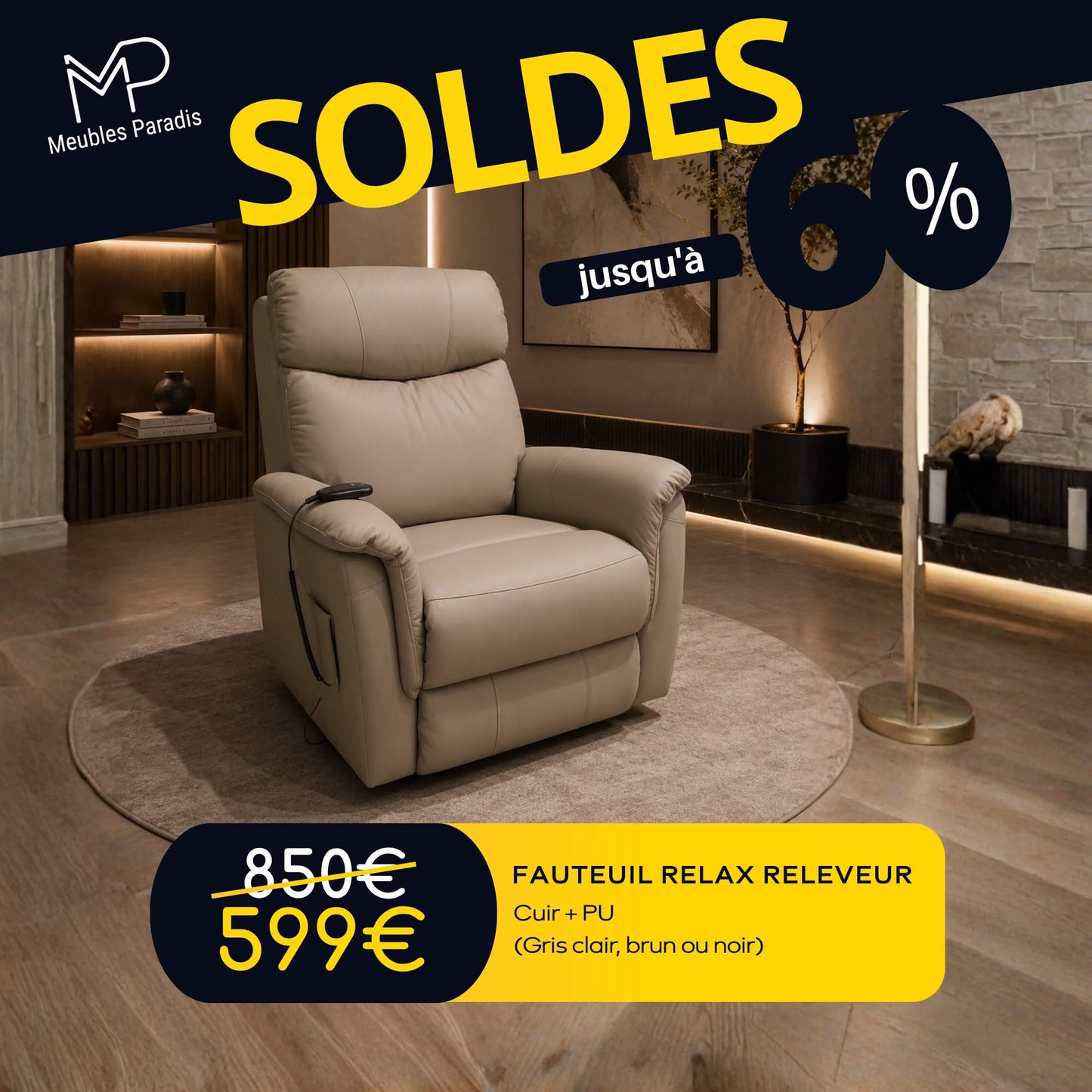 Fauteuil relax électrique releveur Cuir véritable + PU (gris clair, brun, noir)