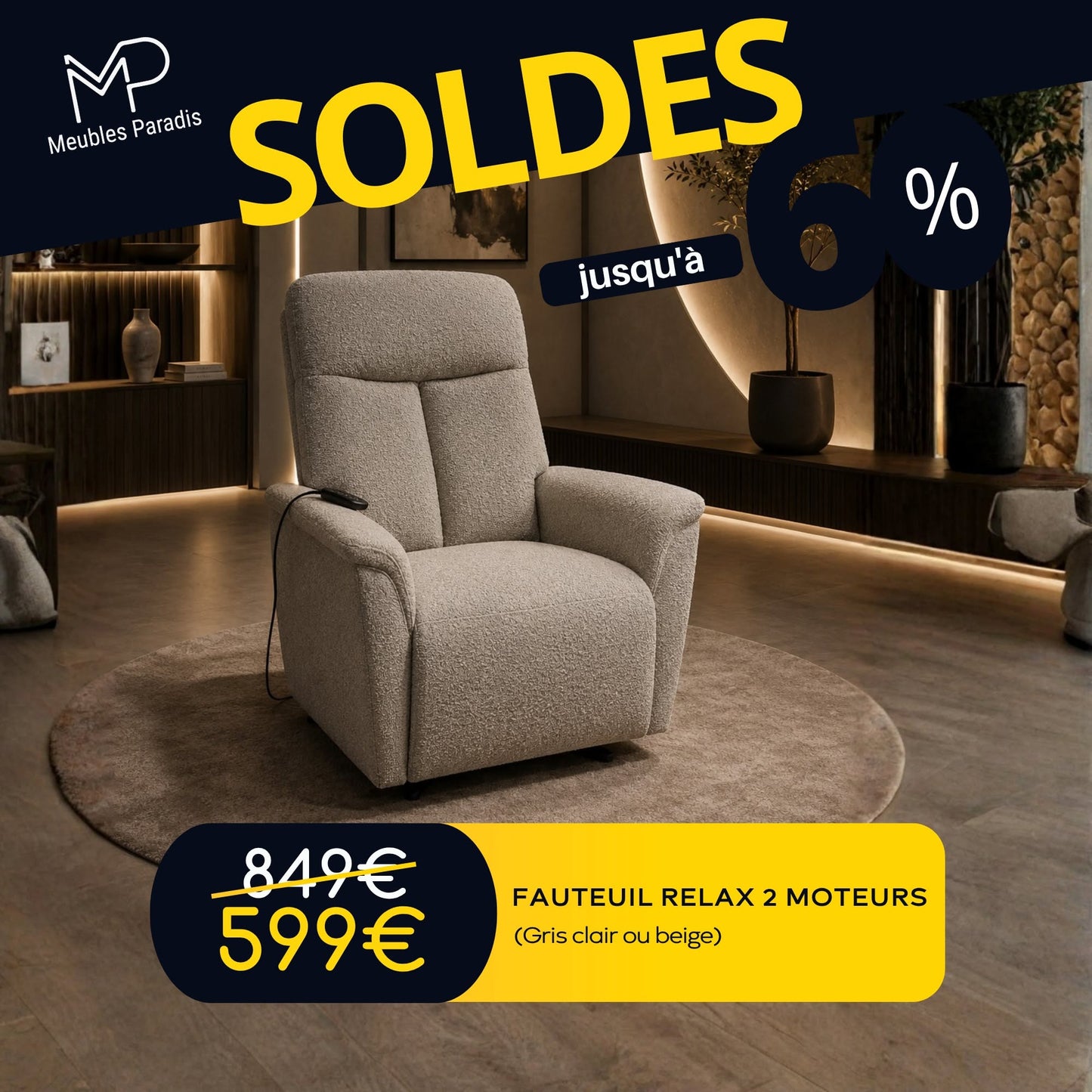 Fauteuil relax électrique 2 moteurs (gris clair ou beige)