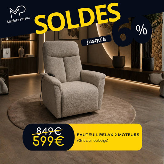Fauteuil relax électrique 2 moteurs (gris clair ou beige)